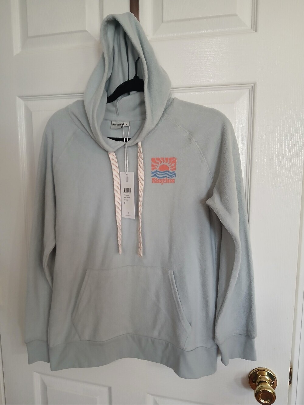 NWT Rhythm Dawn Hoodie Light Blue Pullover with Coral Logo Beach Coastal Surf